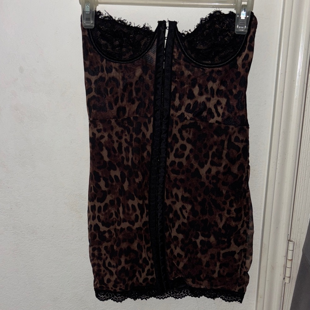 Leopard Print Bustier Slip Dress with Lace Trim, B cup
